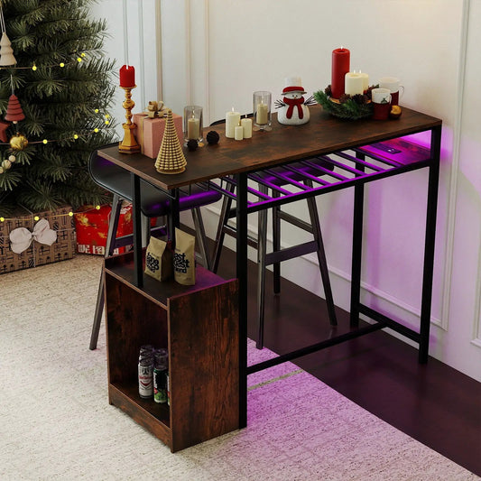 Rectangular Bar Table with Charging Station, dark top, black metal frame, purple LED glow on Tampa Home & Garden Store