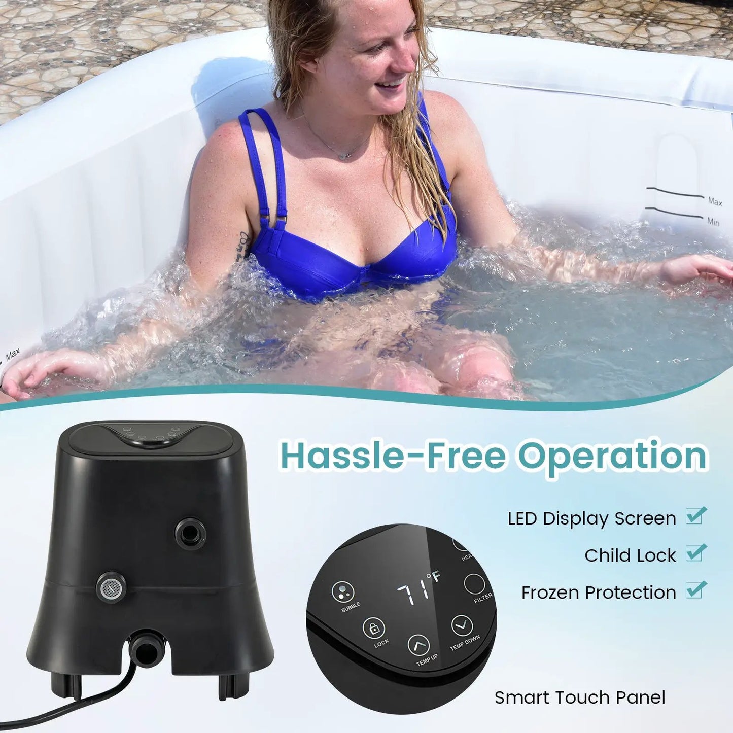 Rectangular inflatable hot tub with 130 jets, white tub and black control unit on Tampa Home & Garden Store
