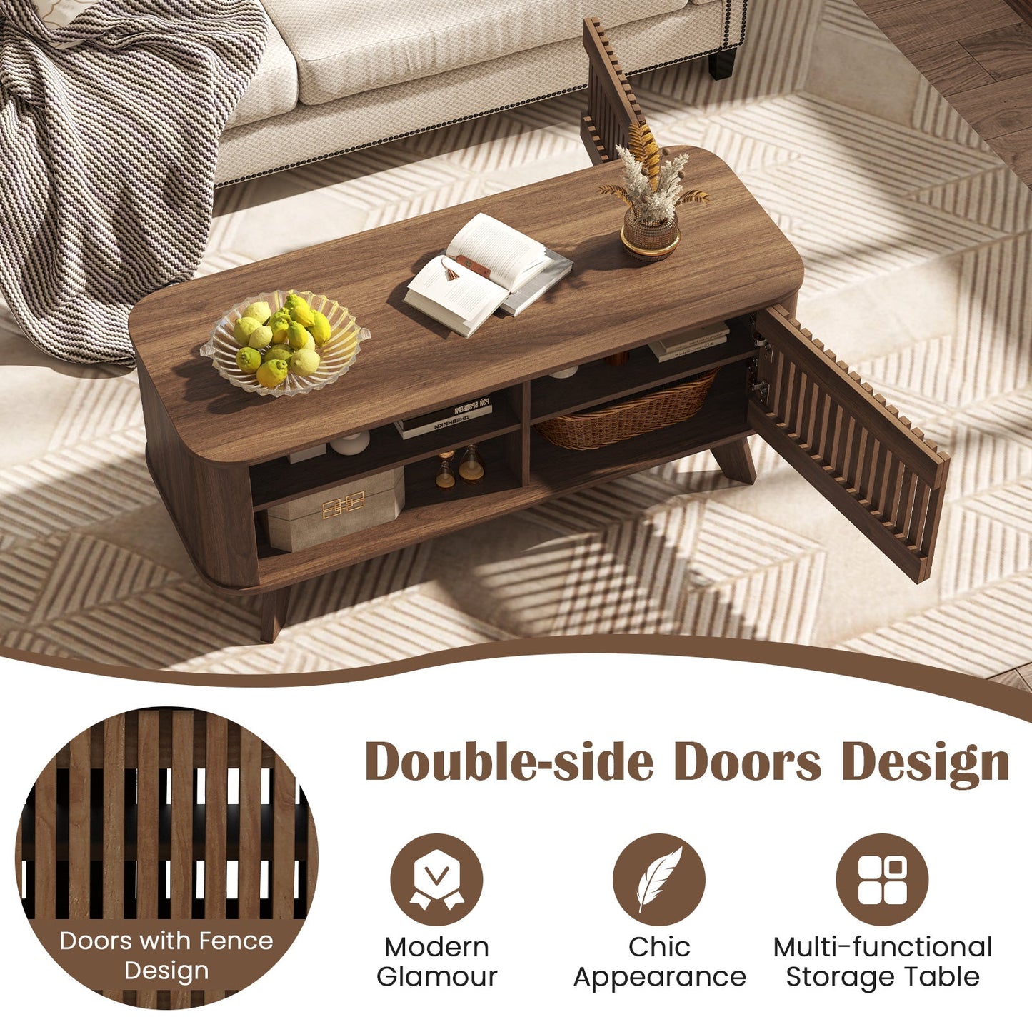 Mesa de centro rectangular con almacenamiento y estantes ajustables-Nogal