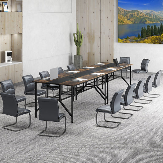 Rectangular Meeting Table with Mesh Storage Shelf and Cable Grommet-Rustic Brown - Tampa Home & Garden Store