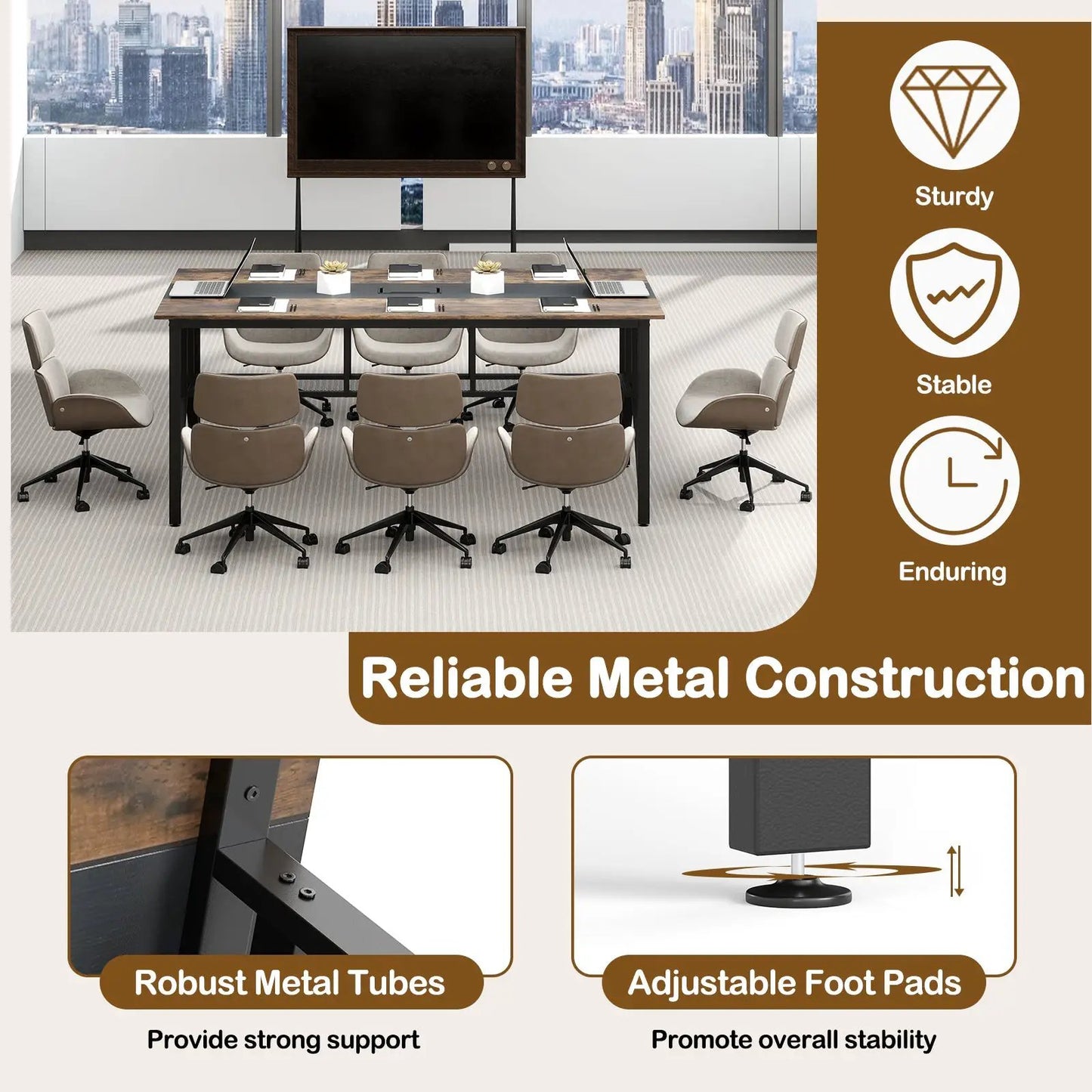 Rectangular meeting table with mesh grommet, brown wood top, black metal legs DirectDeals on Tampa Home & Garden Store