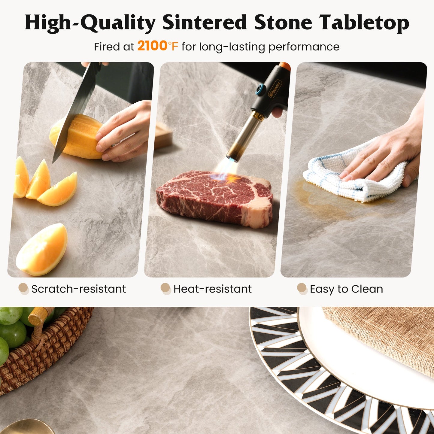 Mesa de comedor rectangular moderna de piedra sinterizada para 4 personas - Gris