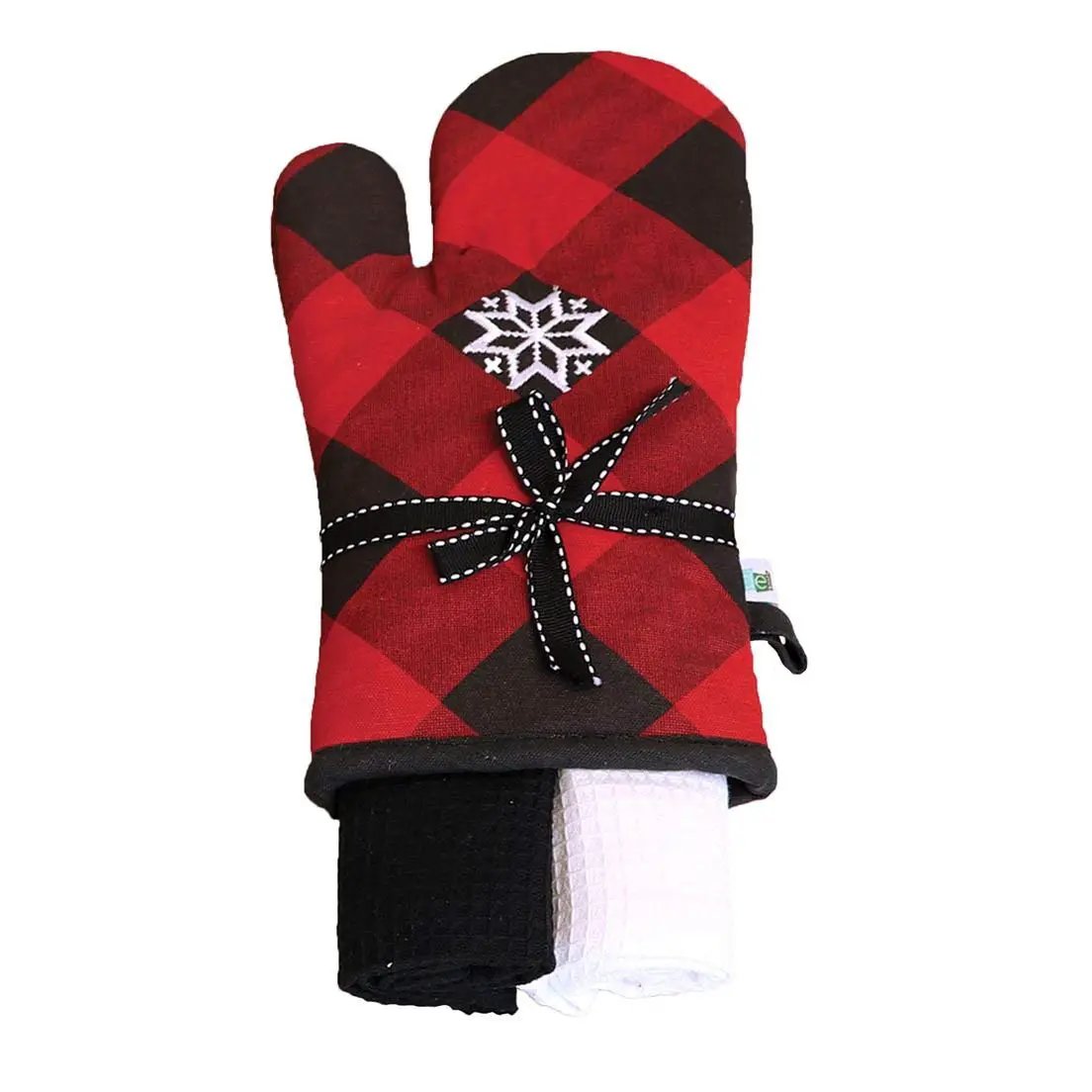 Red buffalo plaid oven mitt and towel set with black ribbon bow and white snowflake accent on Tampa Home & Garden Store