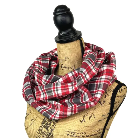 Red Charcoal Grey Plaid Flannel Infinity Scarf draped on a dress form on Tampa Home & Garden Store