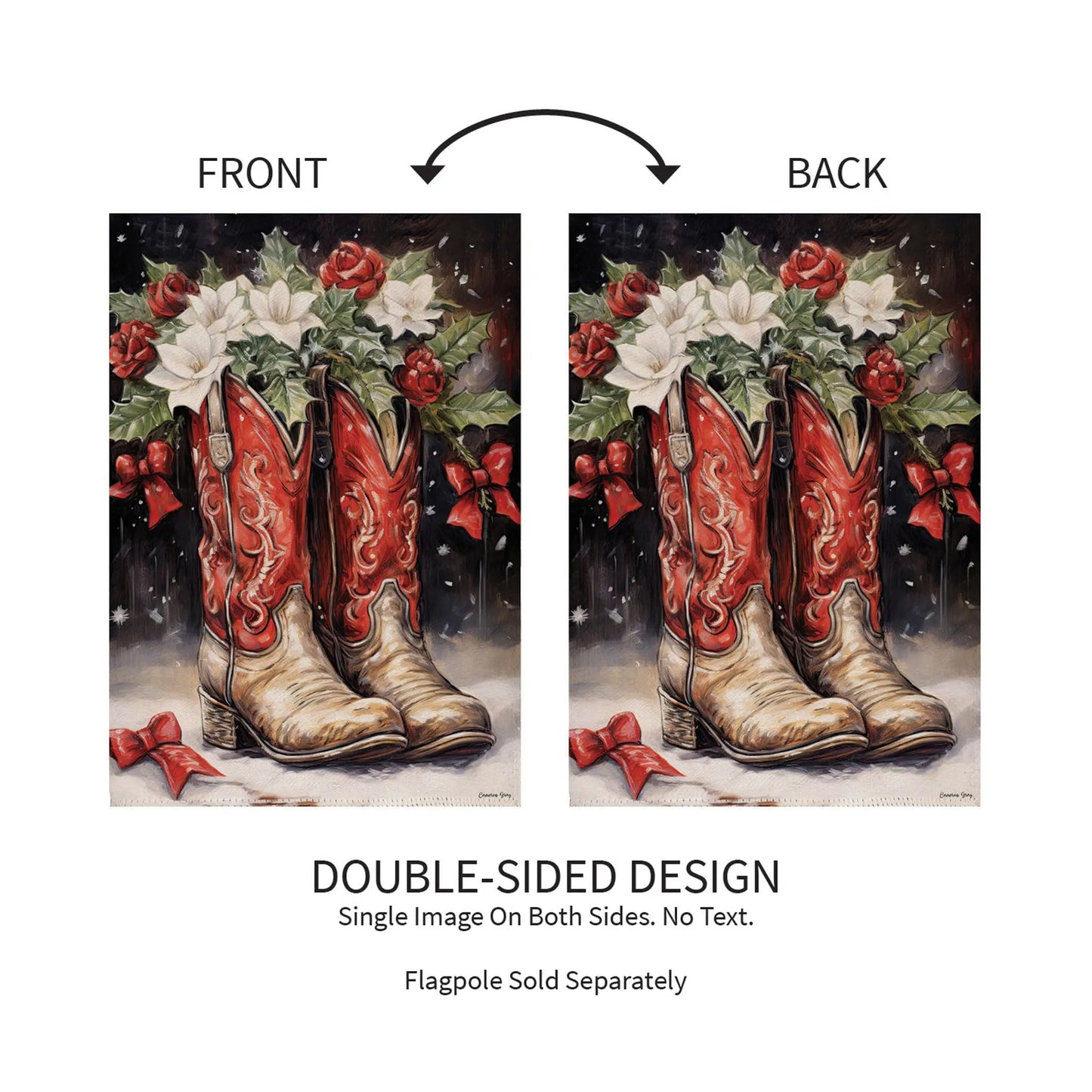 Red Christmas cowboy boots suede garden flag with floral bouquet, double-sided design on Tampa Home & Garden Store