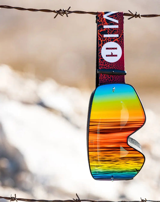 Havoc Infinity Goggle Customizable MJK with rainbow mirrored lens and red cracked strap on Tampa Home & Garden Store