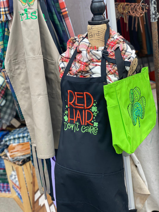 Red Hair Don't Care Embroidered Apron - Craftsman and Canvas Style Options - Tampa Home & Garden Store