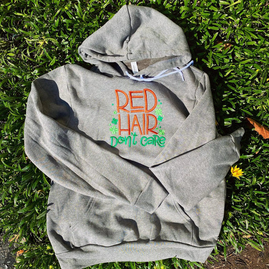 Red Hair Dont Care Irish Shamrock Hoodie Thistle & Stitch gray fleece embroidered shamrocks on Tampa Home & Garden Store