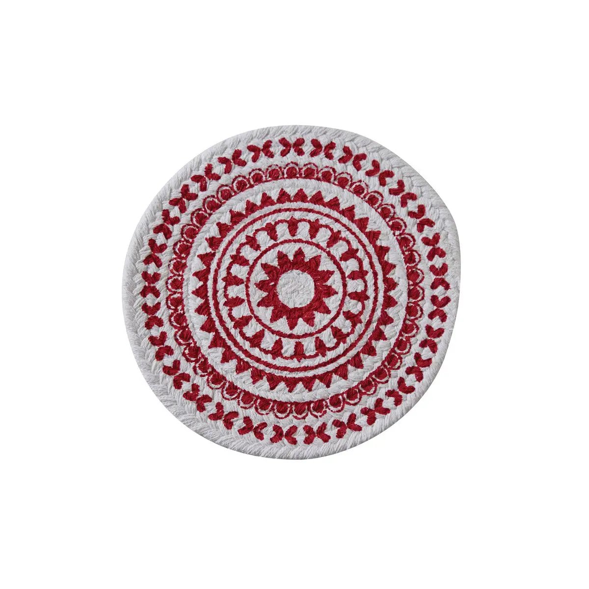 Red medallion round printed trivet, white background, embroidered-style motif, 8-inch diameter on Tampa Home & Garden Store