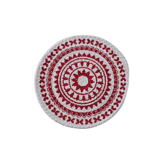 Red medallion round printed trivet, white background, embroidered-style motif, 8-inch diameter on Tampa Home & Garden Store