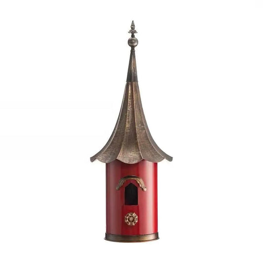 Red metal birdhouse with copper gramophone roof and brass accents on Tampa Home & Garden Store