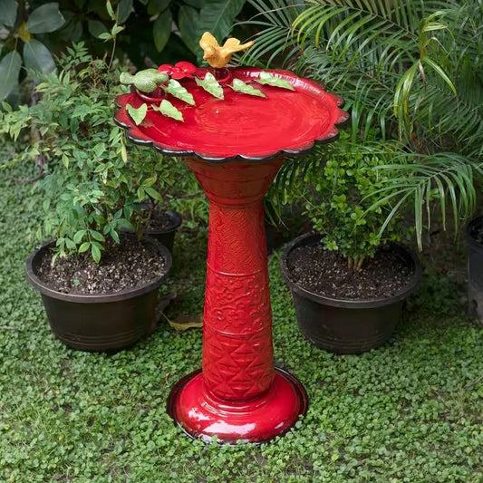Red Metal Outdoor Garden Patio Birdbath with Decorative Bird Leaf Figurines - Tampa Home & Garden Store