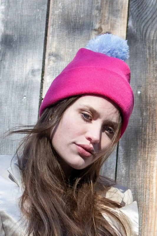 Magenta Red Mountain Syrah Pom Knit Hat with blue pom by Aria the Fox on Tampa Home & Garden Store
