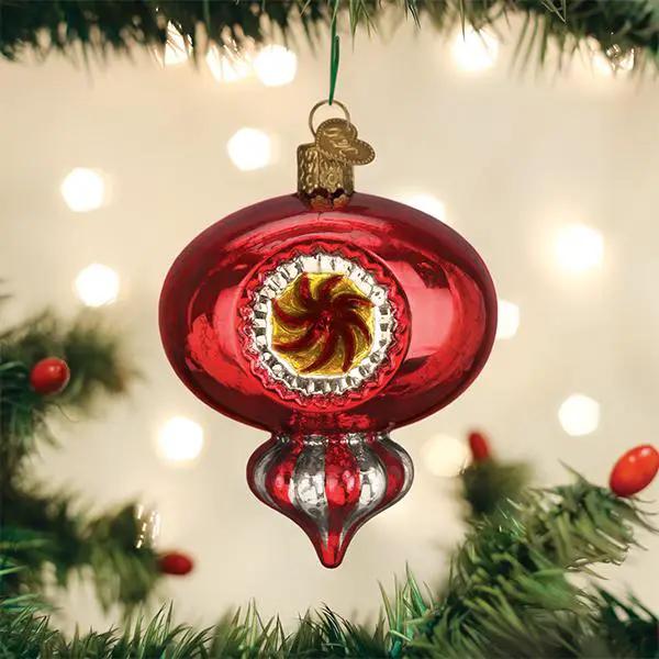 Red peppermint mercury glass ornament with round body and teardrop finial, gold cap on Tampa Home & Garden Store