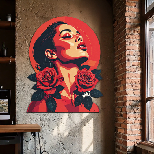 Red Rose Woman UV Printed Metal Wall Art by Enova Art, orange-red rose motif on Tampa Home & Garden Store