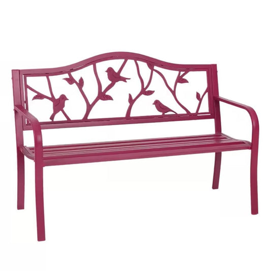 Red Steel Frame Outdoor Patio Garden Bench with Bird Branch Pattern Backrest - Tampa Home & Garden Store