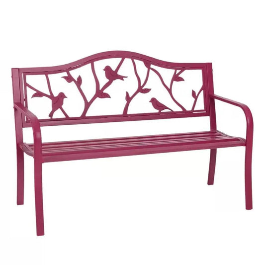 Red Steel Frame Outdoor Patio Garden Bench with Bird Branch Pattern Backrest - Tampa Home & Garden Store