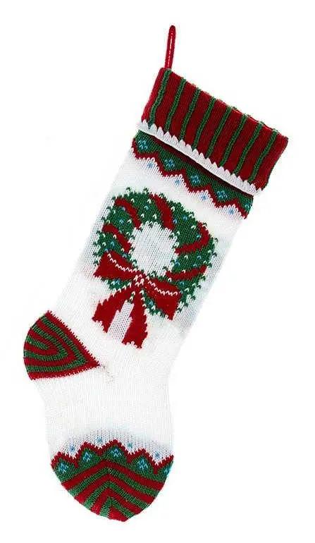 Red white green knit stocking with wreath by The Country Christmas Loft on Tampa Home & Garden Store
