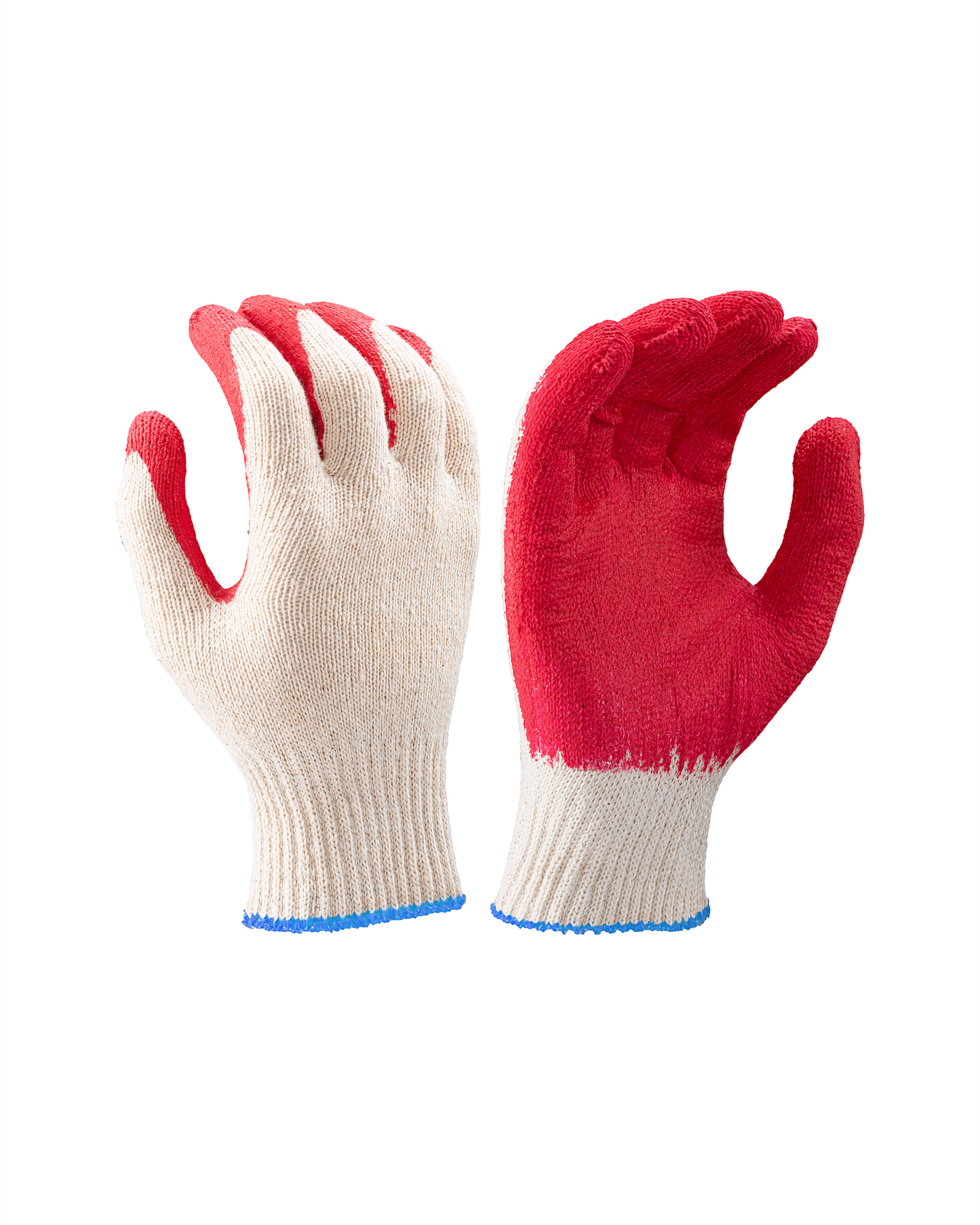 Kiwi latex palm coated string knit work gloves, beige with red palms, blue cuffs, pair on Tampa Home & Garden Store