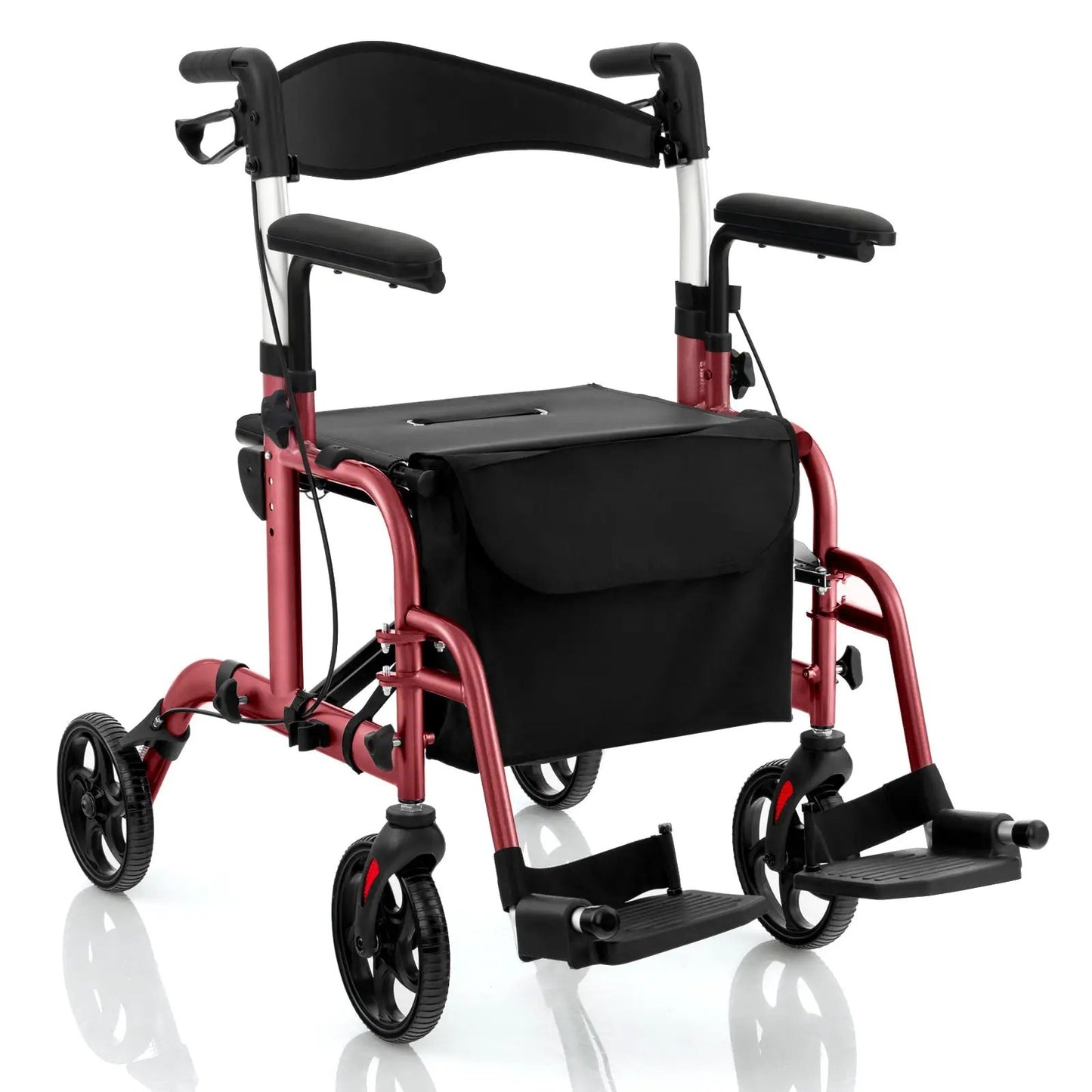 Folding rollator walker with seat and wheels, red frame, black cushioned seat and backrest on Tampa Home & Garden Store