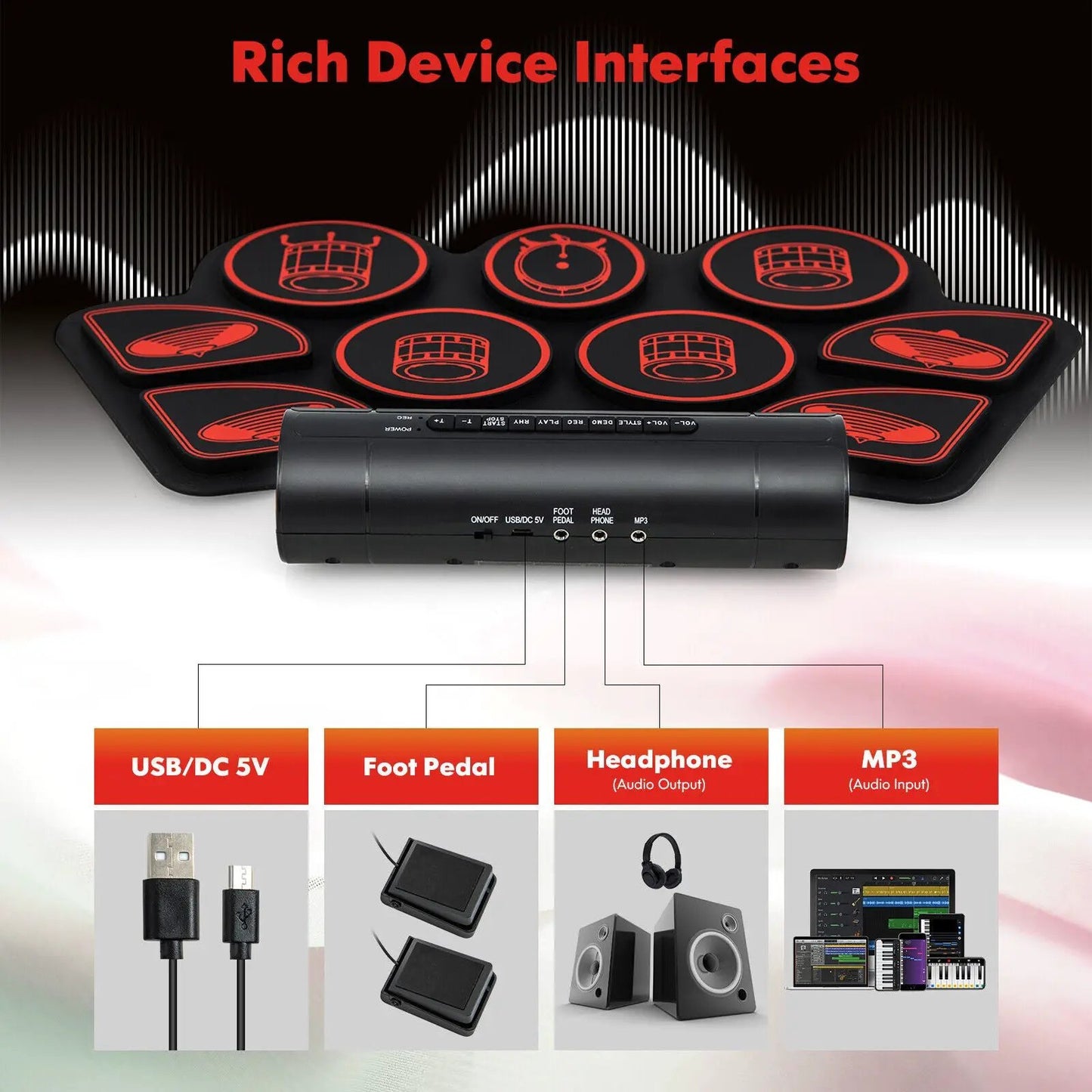 Electronic drum set with built-in stereo speakers, black pads with red rims by DirectDeals on Tampa Home & Garden Store