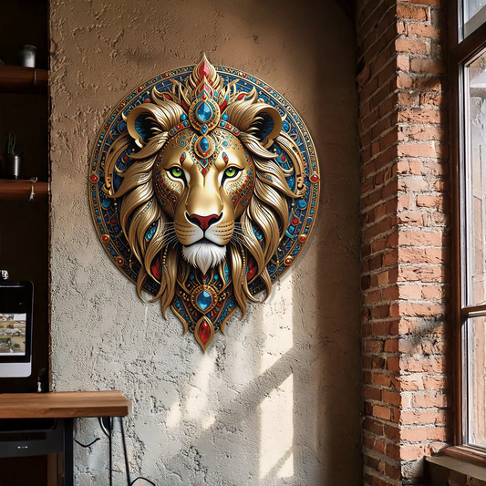 Regal Lion Mandala UV print metal wall art by Enova Art, gold finish with blue jeweled accents on Tampa Home & Garden Store