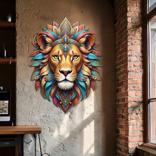 Regal Lion UV Print Metal Wall Art by Enova Art, vibrant tribal colors on Tampa Home & Garden Store