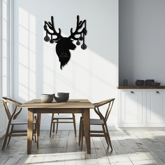 Enova Art Reindeer Christmas Metal Wall Art silhouette in black metal with hanging ornaments on Tampa Home & Garden Store