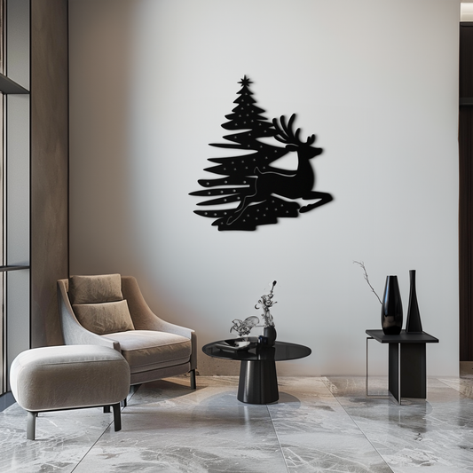 Reindeer and Christmas Tree Metal Wall Art - Festive Holiday Steel Decor- KAF304 - Tampa Home & Garden Store