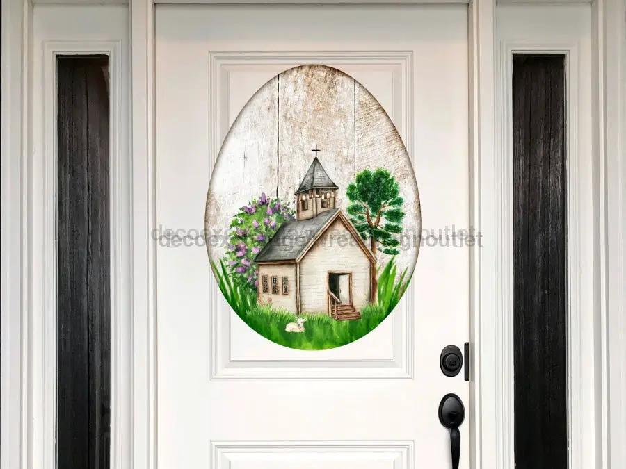 Religious Easter Egg Sign Door Hanger wood sign with church scene and greenery DecoExchange on Tampa Home & Garden Store