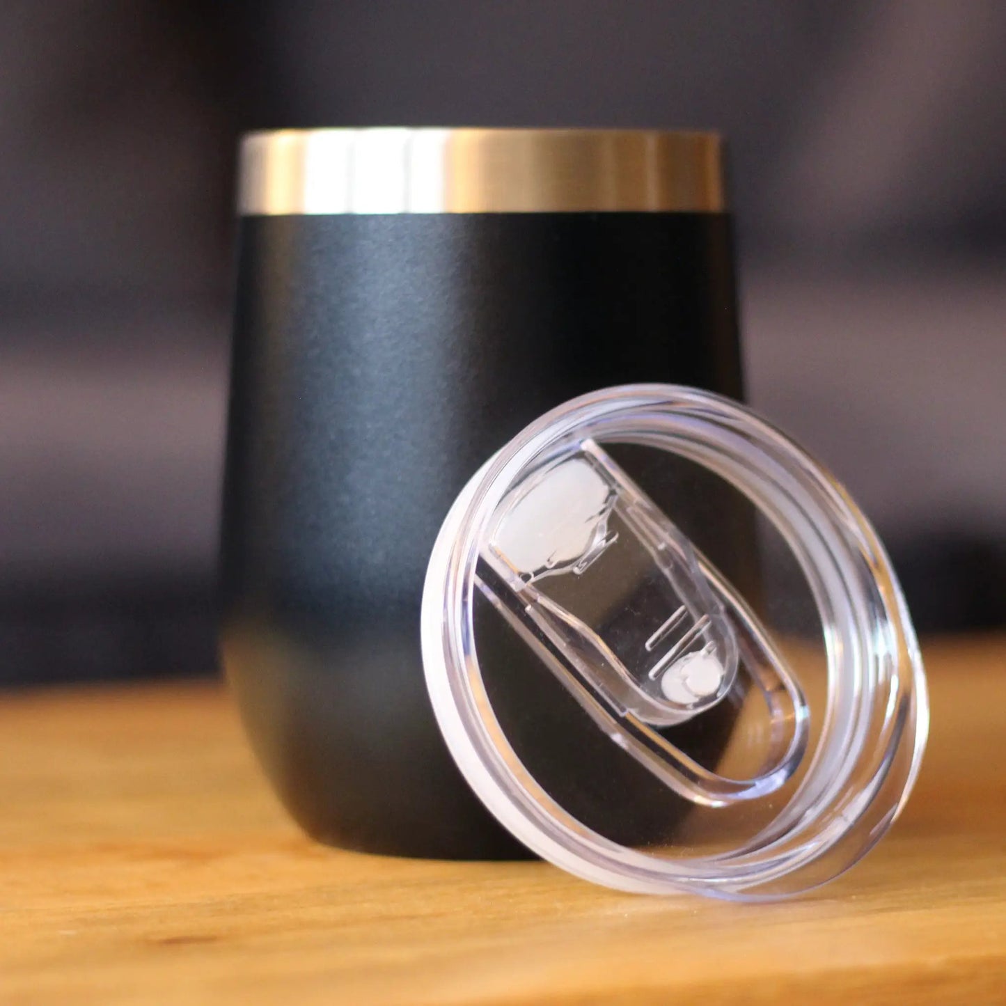 Replacement sliding lid for 12 oz black wine tumbler with gold band and clear lid on Tampa Home & Garden Store
