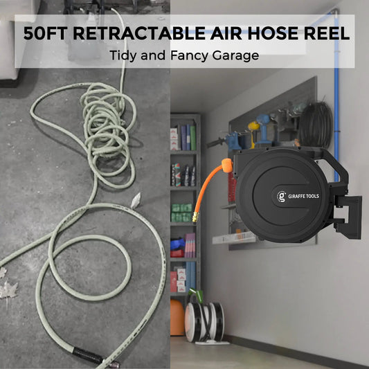 Retractable air hose reel by Giraffe Tools with black PP housing and 50ft orange hose on Tampa Home & Garden Store