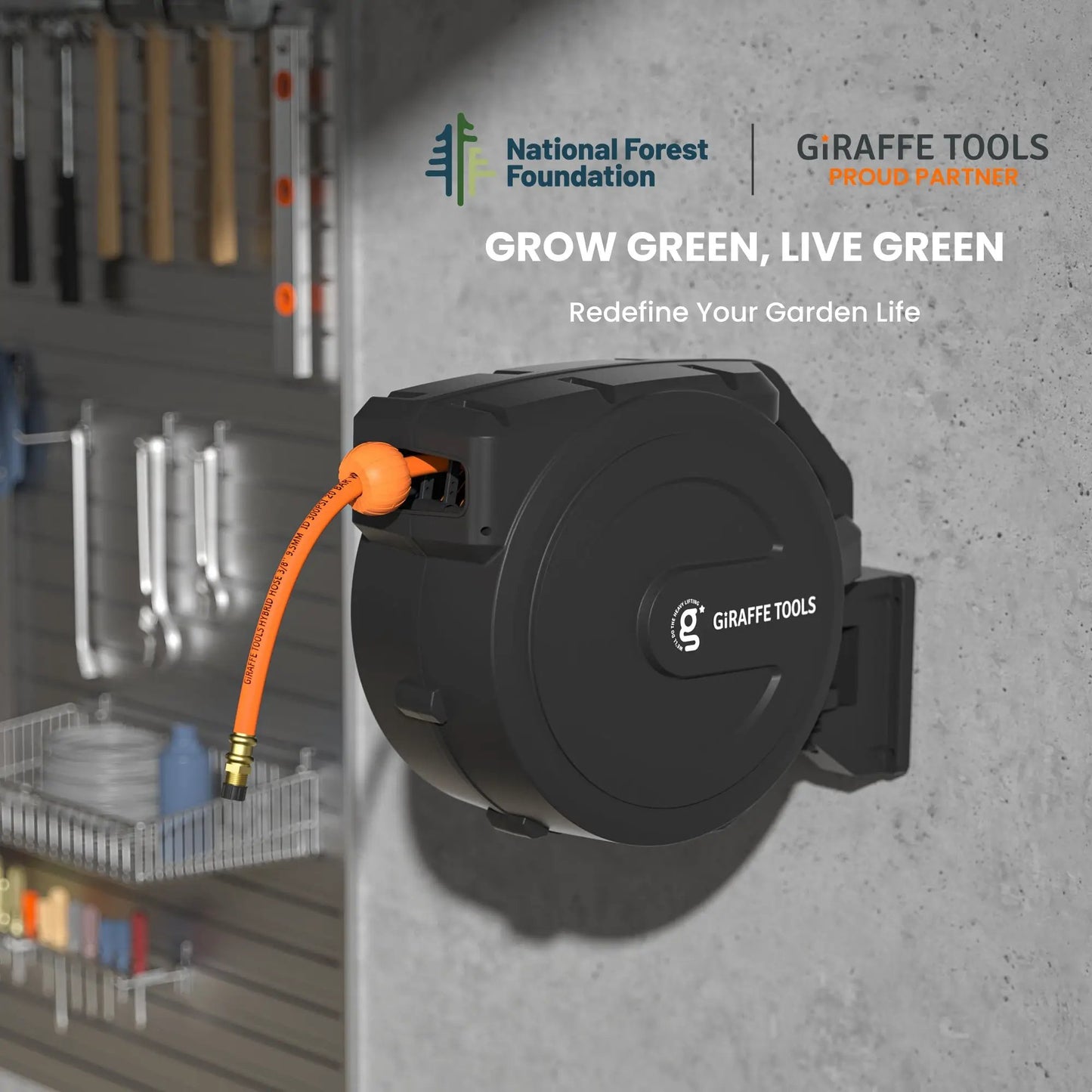 Retractable Air Hose Reel with PP housing, 50ft hose, wall-mounted in workshop by Giraffe Tools on Tampa Home & Garden Store