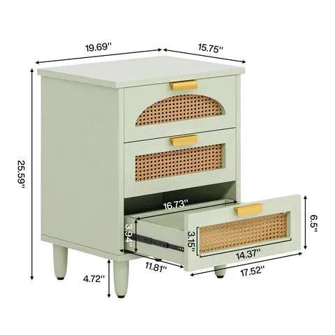 Retro Mint Green 3-Drawer Nightstand by HomePacific cane-front drawers and gold hardware on Tampa Home & Garden Store