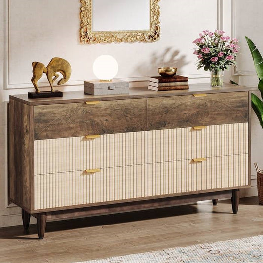 Retro Mid-Century Modern 6 Drawer Dresser Chest of Drawers in Vintage Brown - Tampa Home & Garden Store