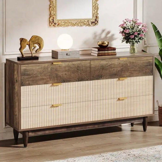 Retro mid-century six-drawer dresser in two-tone brown wood with striped fronts and brass handles on Tampa Home & Garden Store
