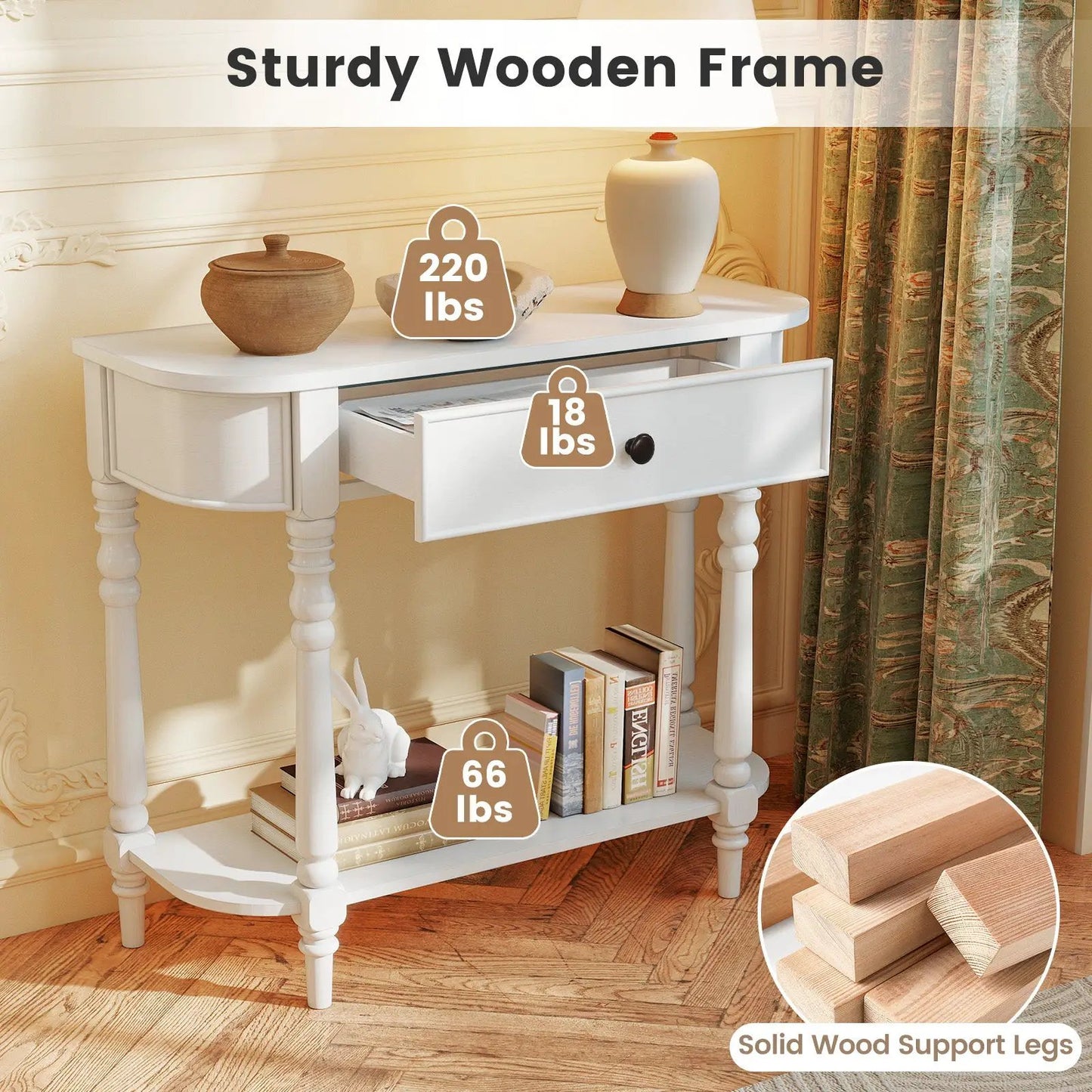 Retro Console Table 36 inch white wood two-tier sofa table with drawer and turned legs on Tampa Home & Garden Store