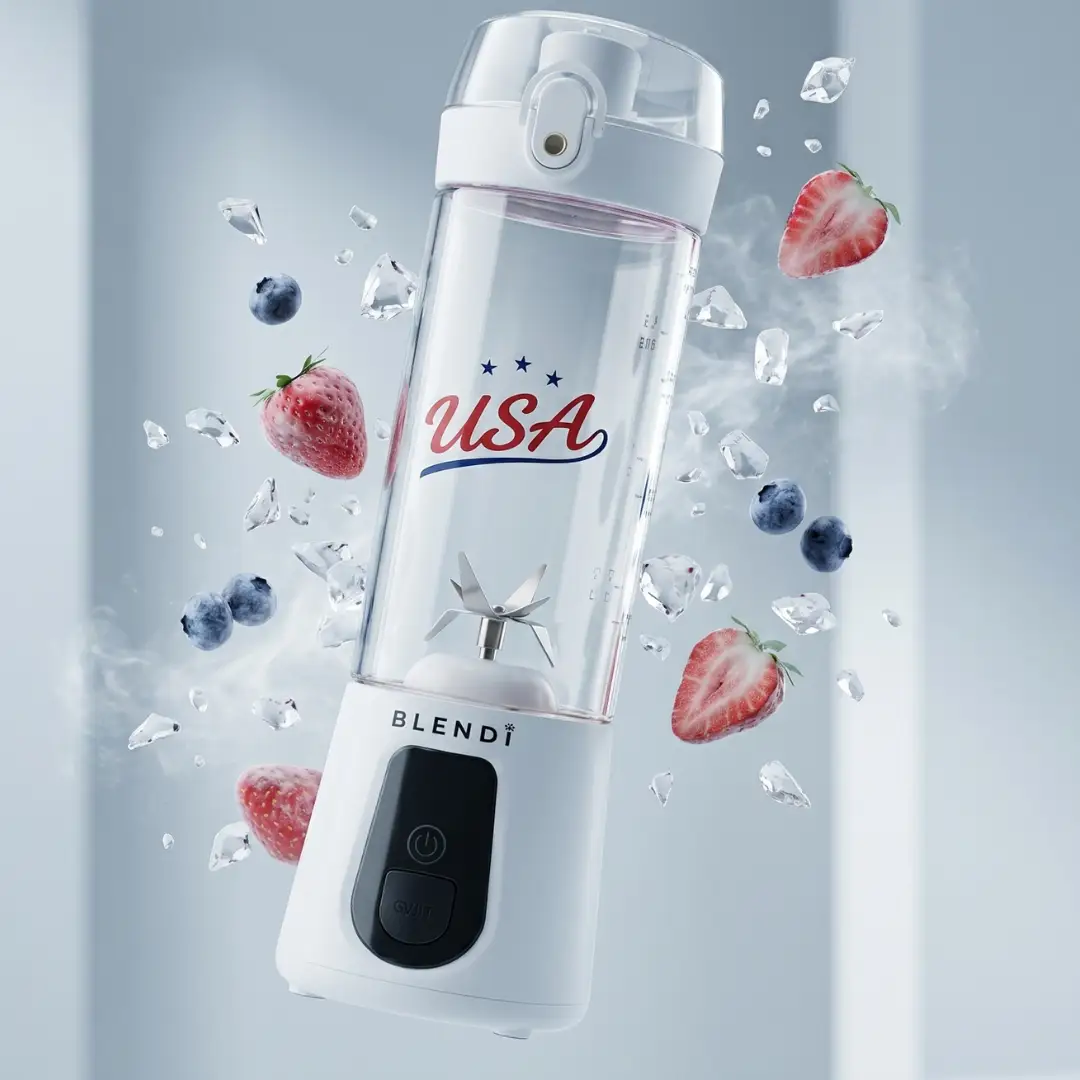 Cordless Ice Crushing Portable Blender by BLENDi, white base with clear bottle and USA logo on Tampa Home & Garden Store