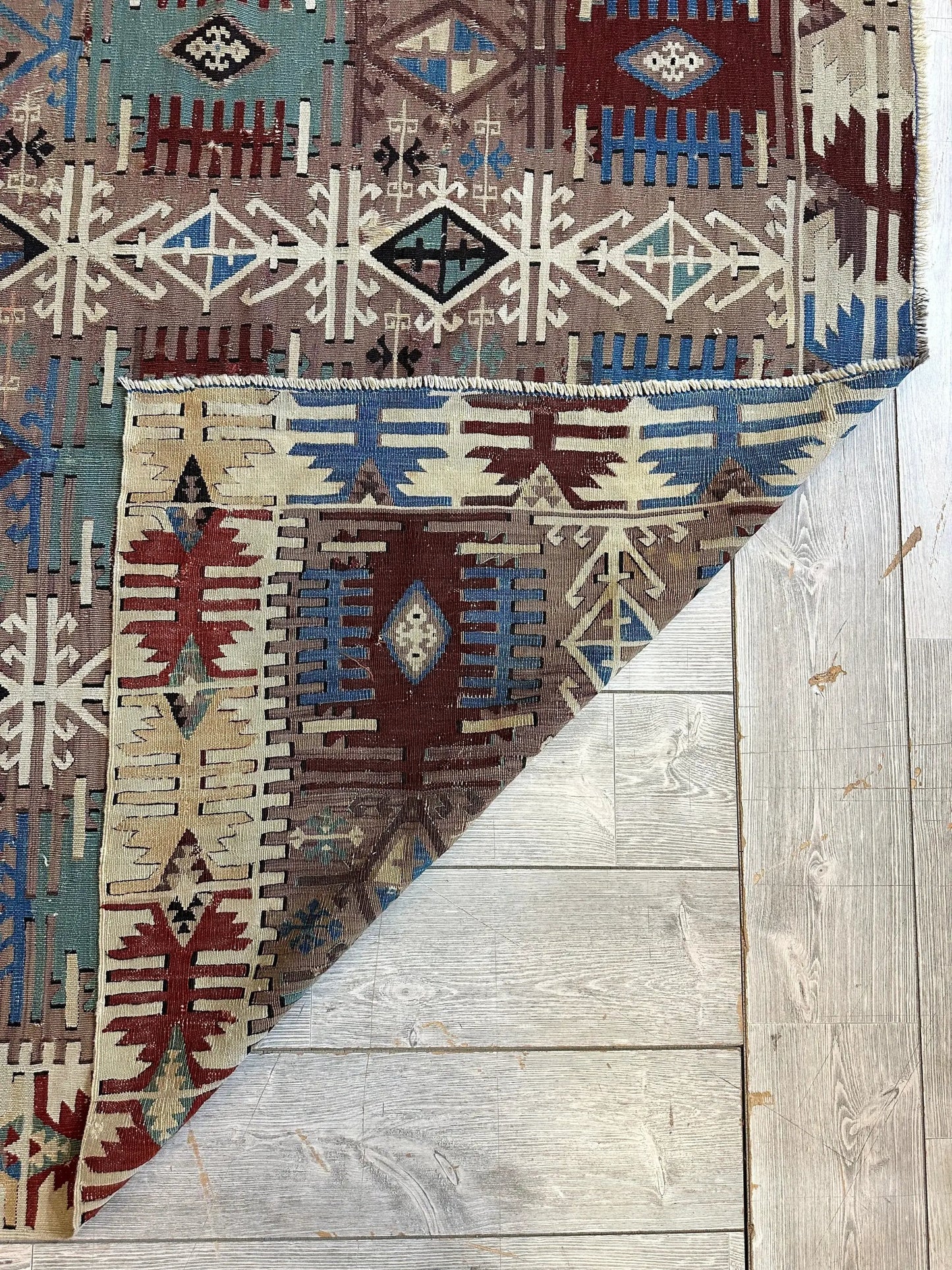 Reyhanli Anatolian Kilim Rug geometric diamond motifs in brown cream teal blue 5x8 Rugistan on Tampa Home & Garden Store