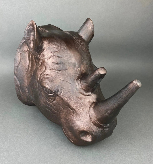 Rhino Bust Wall Hanging Large Bronze Sculpture with textured surface on Tampa Home & Garden Store