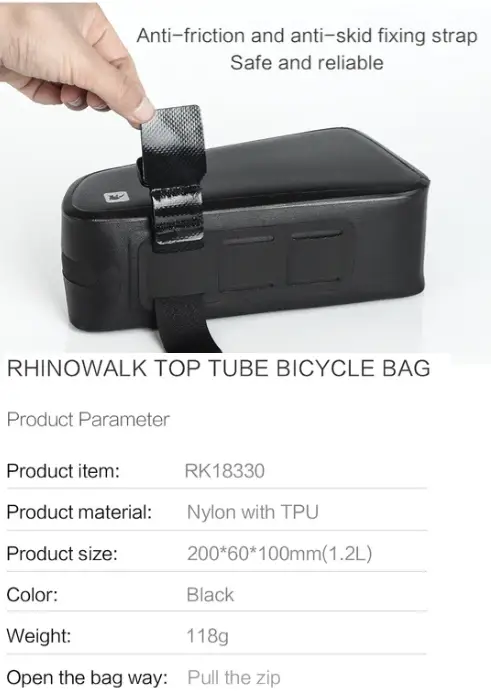 Rhinowalk Top Tube Bicycle Bag black nylon with TPU anti-slip strap 200x60x100mm 1.2L on Tampa Home & Garden Store