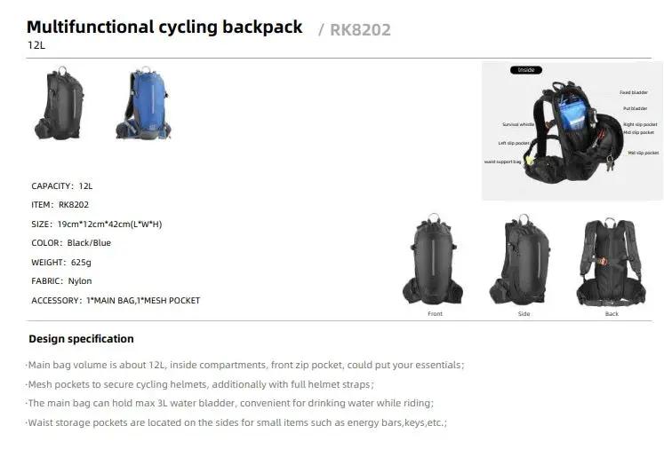 Rhinowalk Climbing Backpack 12L, black/blue nylon cycling bag with multiple pockets on Tampa Home & Garden Store