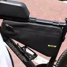 Rhinowalk Waterproof Triangle Frame Bag 4L on bike frame, black nylon with yellow label on Tampa Home & Garden Store