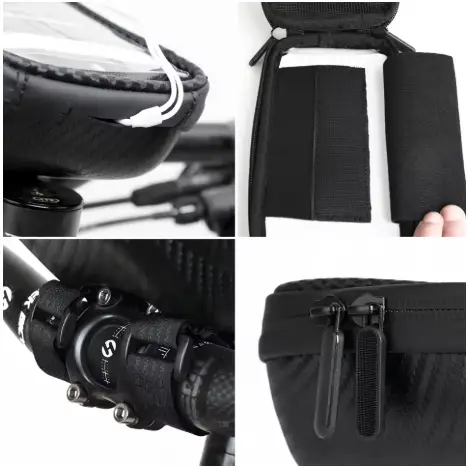 Rhinowalk hard shell handlebar bike phone bag black with zip pocket and strap four-view on Tampa Home & Garden Store