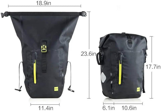 Rhinowalk Waterproof Pannier Bag 25L, pair of black cycling pannier bags with neon pulls on Tampa Home & Garden Store