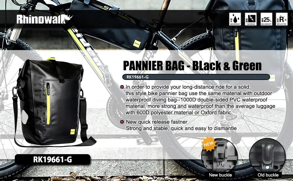 Rhinowalk Waterproof Bike Pannier Bag 25L, black & green, for bicycle cargo rack on Tampa Home & Garden Store