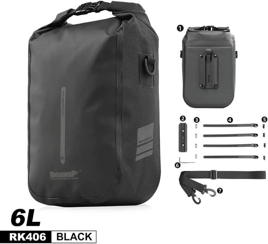 Rhinowalk 6L waterproof quick-release fork bag in black with mounting straps on Tampa Home & Garden Store