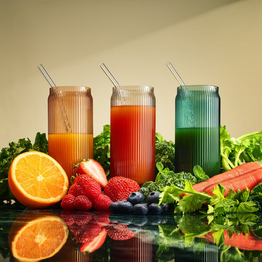 Tonal Ribbed Soda Can Glass and 6 Straws Set Of 6