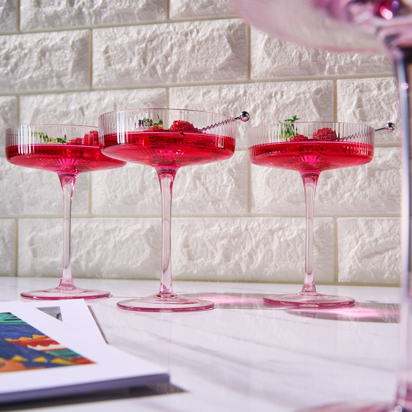 Como Ribbed Pink Champagne Coupe Set of 4 Glasses