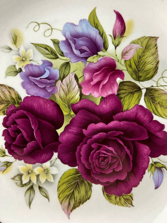 Antique Gold and Burgundy Motif Serving Plate with purple roses and green leaves on Tampa Home & Garden Store